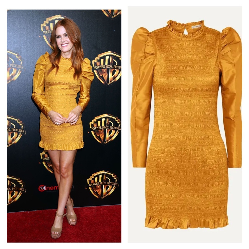 ULLA JOHNSON Aurele dress gold mini silk 4 puff sleeve smocked cocktail shirred